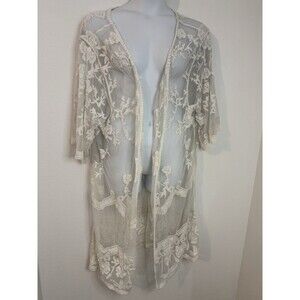 Dizzy Gal Lace Kimono Duster Cover Up Top Long Line Size 1X Ivory Festival Girly
